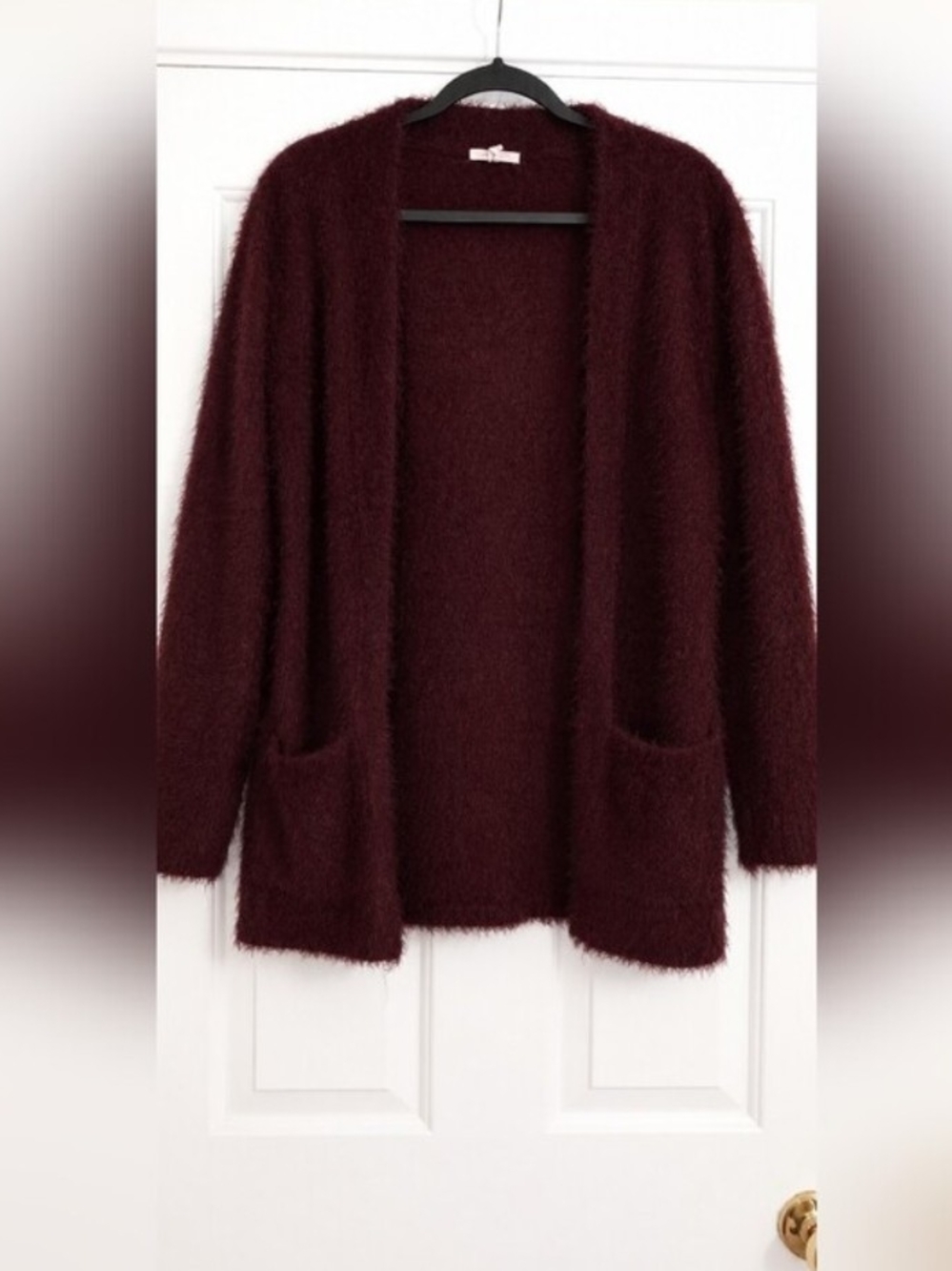 Cozy Burgundy Fuzzy Eyelash Knit Open Front Cardigan Shaggy Maroon Pockets S